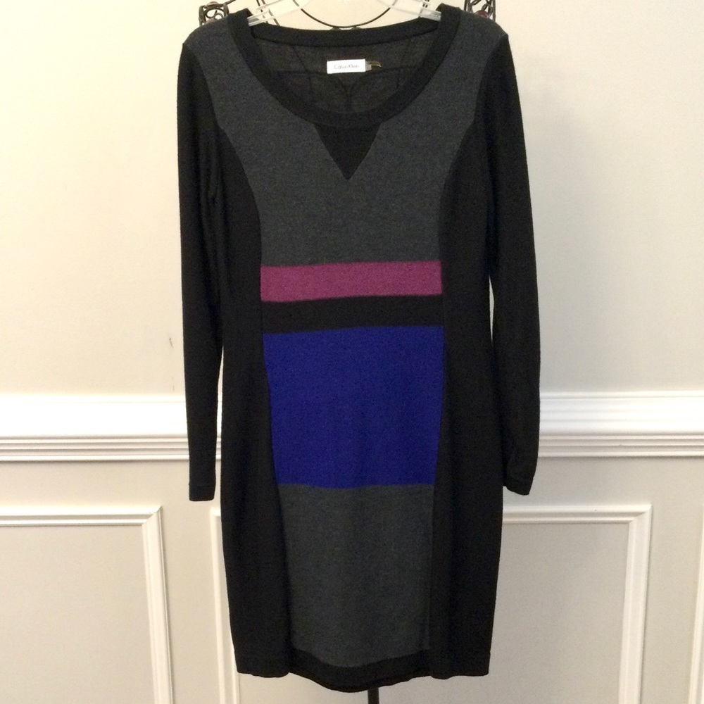 CALVIN KLEIN Color Block Sweater Dress Black Blue